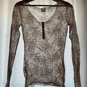 Chic Sheer Brown Floral Long Sleeve Top